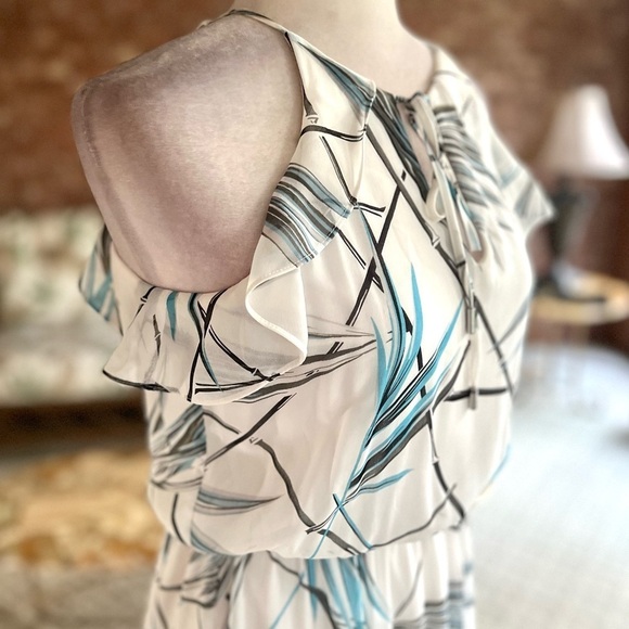 WHBM Dress Maxi White Bamboo Print Hi Low Blouson 4P Cocktail Party Chic Trendy - Picture 15 of 17